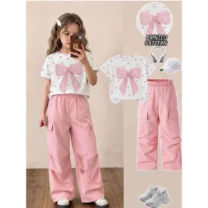 Girls 2-Piece Set, Bow Digital Print T-Shirt, Pink Long Pants